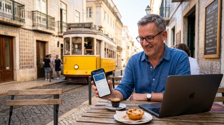 British expat in Portugal using UK banking securely on a phone in a Lisbon café