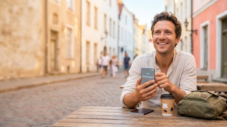 Holafly review: traveller using unlimited eSIM data on a smartphone at a European café