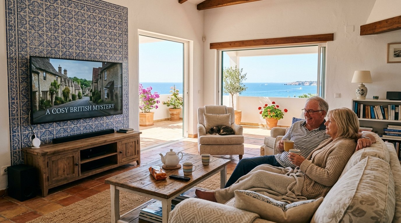 ITVX in Portugal. British expat couple watching ITVX on TV at home in the Algarve, Portugal